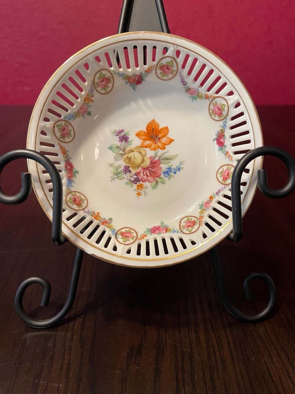 Bavaria German Porcelain Reticulated Floral Dish with Gold Rim